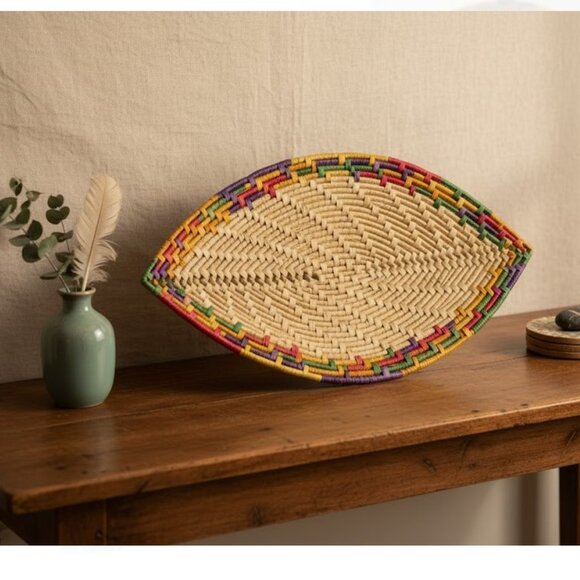 Coiled Woven Raffia Mat Vintage Hand Made Basket Art 20 x 11 Wrapped Weave - Picture 1 of 5